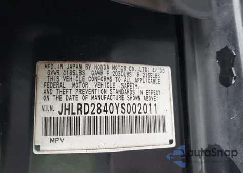 2000 Honda Cr-V Lx z USA, uszkodzony, nr VIN JHLRD2840YS002011